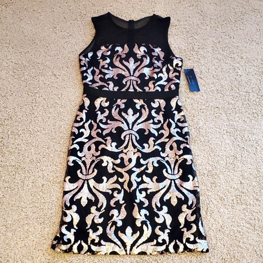 NWT Sheer Top Gold Sequin Black Dress